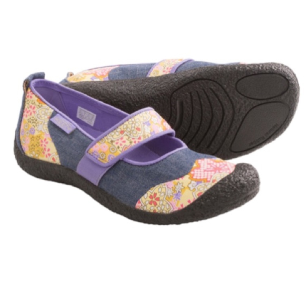 Keen Mary Jane Harvest Floral & Denim Retro Print Shoes Blue Purple Yellow
